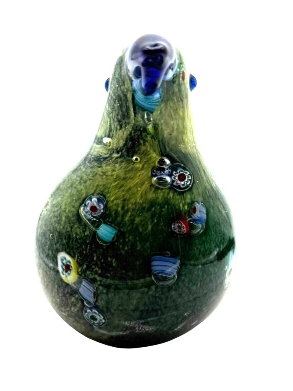 Handblown Green Millefiori Art Glass Bird Figurine Blue Beak Tail  5.5 L X 4" H - Picture 4 of 6